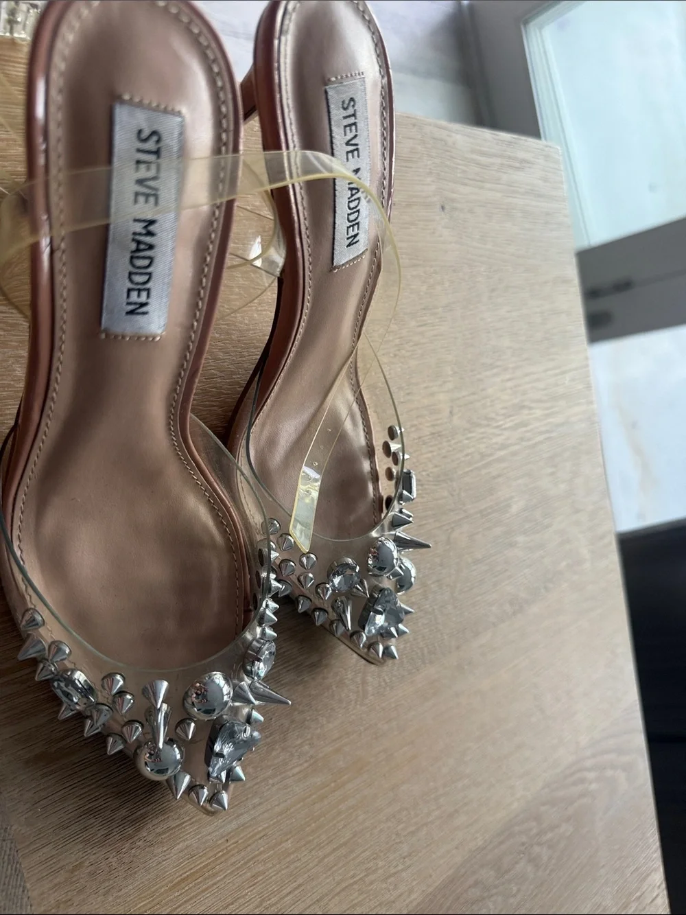 Steve Madden Nude/Gem Embellished Clear-Strap Stiletto Heels size 6